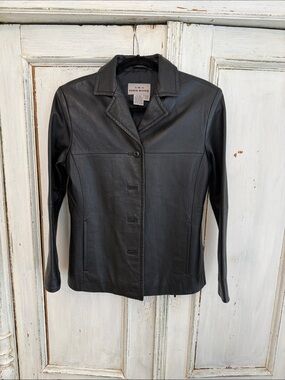 Eddie Bauer Women's Black Leather Button-Front Jacket, Small/Petite.